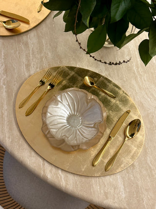 Art of Living Placemat Brushed Gold on travertine table with gold cutlery