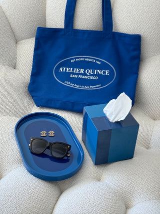 Rhapsody Blue tissue case and vanity tray with Atelier Quince tote bag