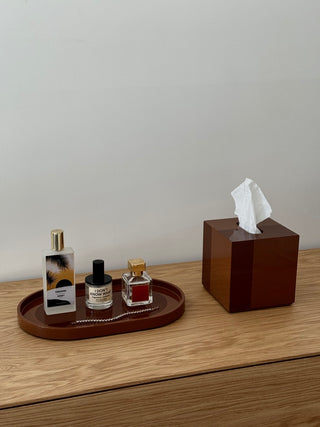 Rhapsody Brown tissue case and vanity tray with perfume bottles